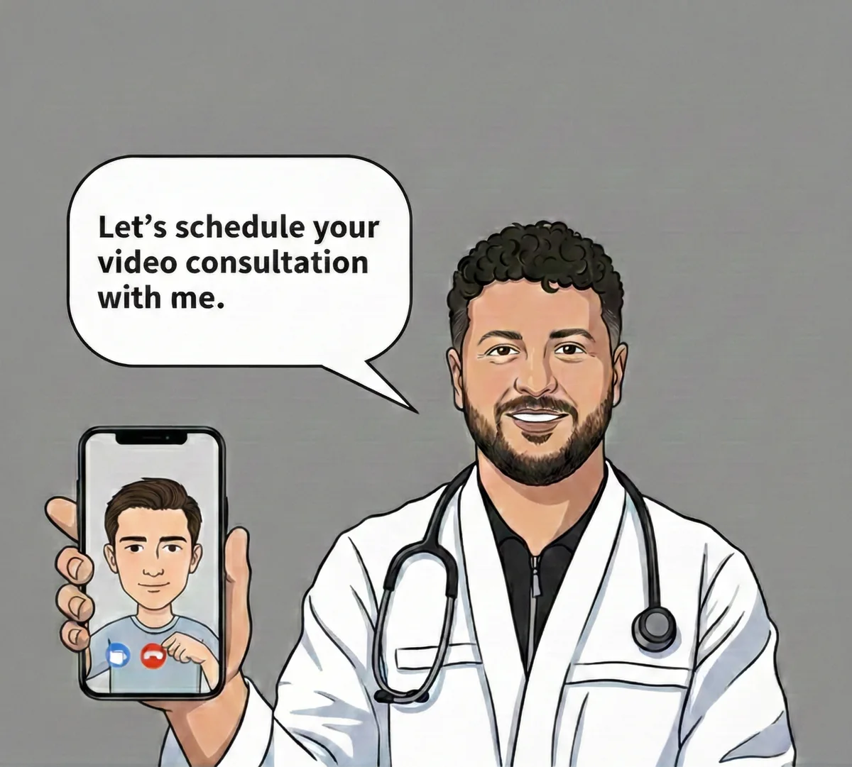 Dr. Mesut Demir inviting patients to schedule a video consultation