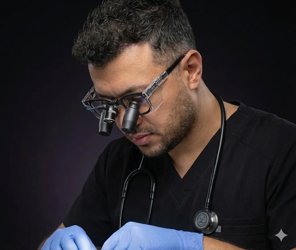 Dr. Mesut Demir wearing surgical loupes while performing a hair transplant procedure
